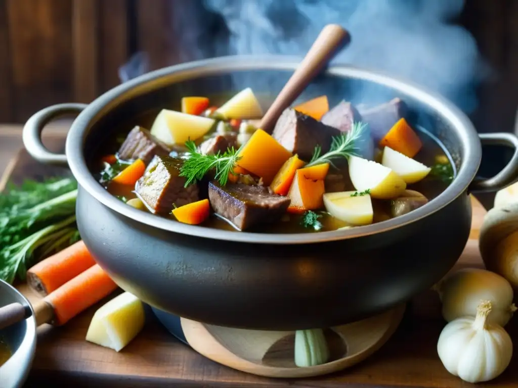 Deliciosa escena: Caldero medieval rebosante de estofado casero Un caldero burbujeante con un estofado medieval rico en ingredientes, listo para probar