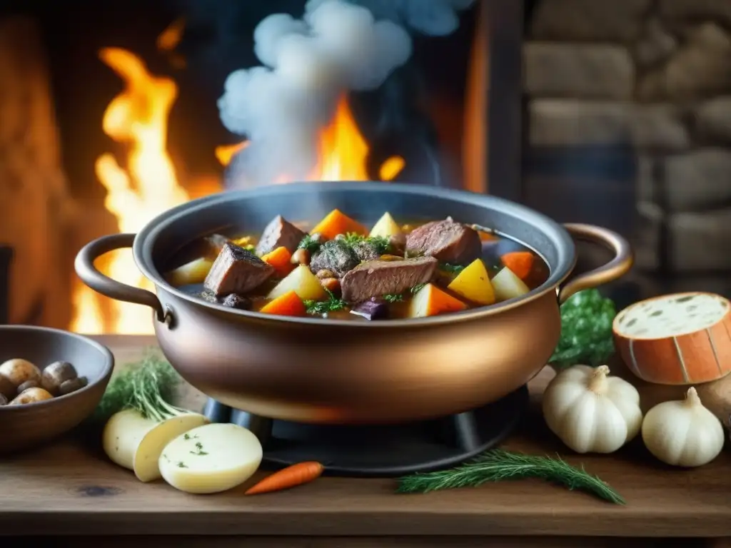 Caldero medieval: estofado de carne y vegetales en fragante caldo Un caldero burbujeante con un estofado medieval: carne tierna, verduras coloridas y hierbas fragantes en un caldo sabroso