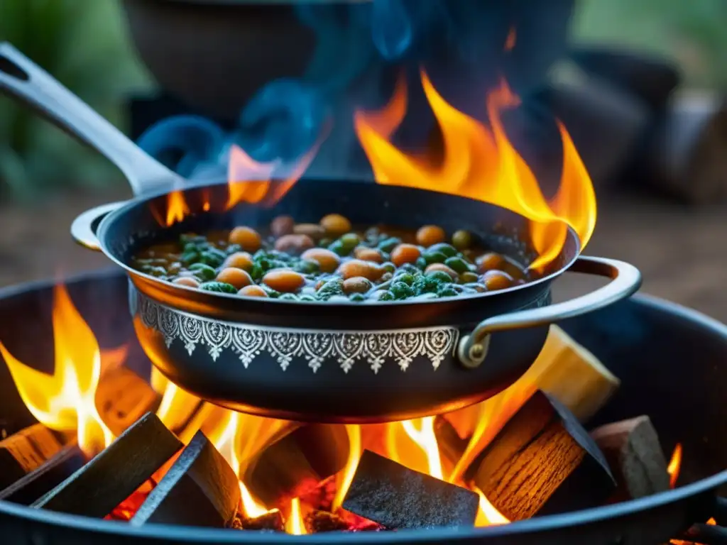 Caldero burbujeante sobre fuego sudafricano postApartheid, revelando la evolución de la cocina y sus colores vibrantes