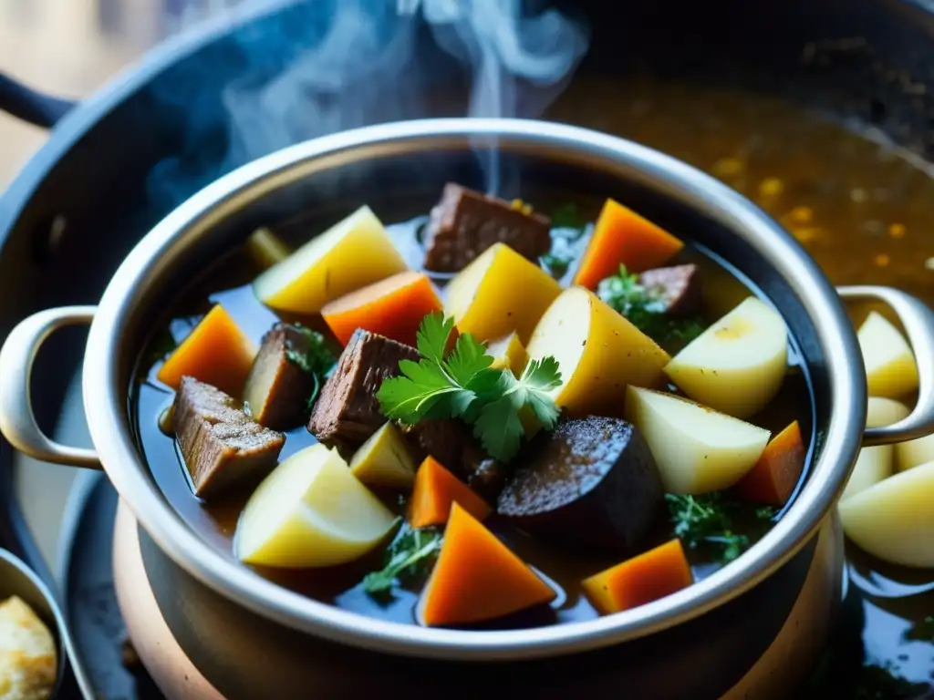 Caldero medieval: deliciosa estofado con raíces y carne tierna Un caldero burbujeante con un guiso medieval lleno de ingredientes vibrantes y fragantes, evocando recetas históricas de sopas y estofados medievales