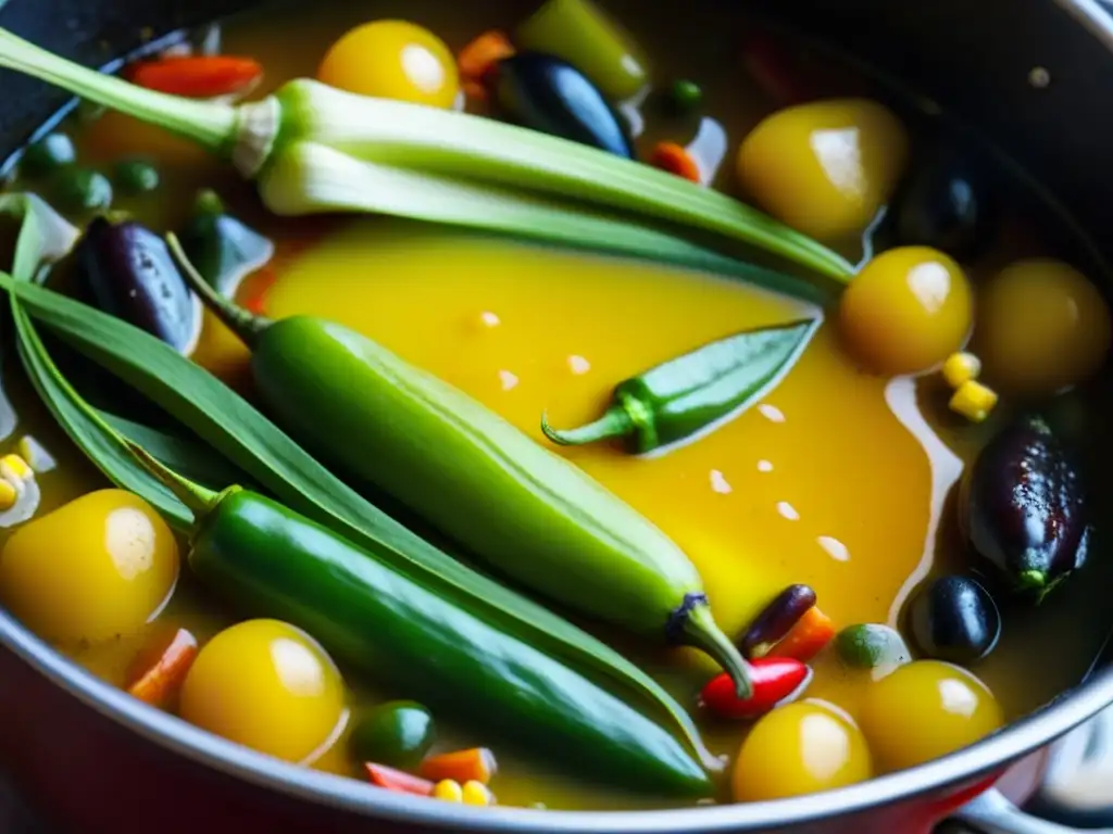 Un caldero burbujeante de guiso mesoamericano con chiles, maíz y hierbas, reflejando la fusión técnicas culinarias era postcolombina