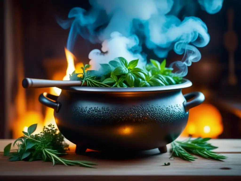 Un caldero burbujeante lleno de hierbas y ingredientes místicos, iluminado por velas en una cocina antigua