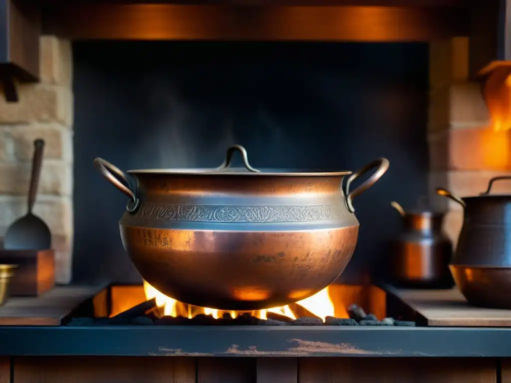 Antiguo caldero de cobre en cocina rústica Un caldero de cobre antiguo cuelga sobre la chimenea en una cocina rústica, revelando su pátina y grabados históricos