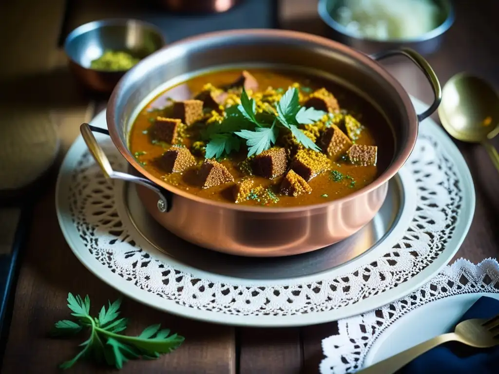 Un caldero de cobre burbujeante con especias y hierbas, sobre una mesa británica del Raj, evocando el legado gastronomía Raj Británicos