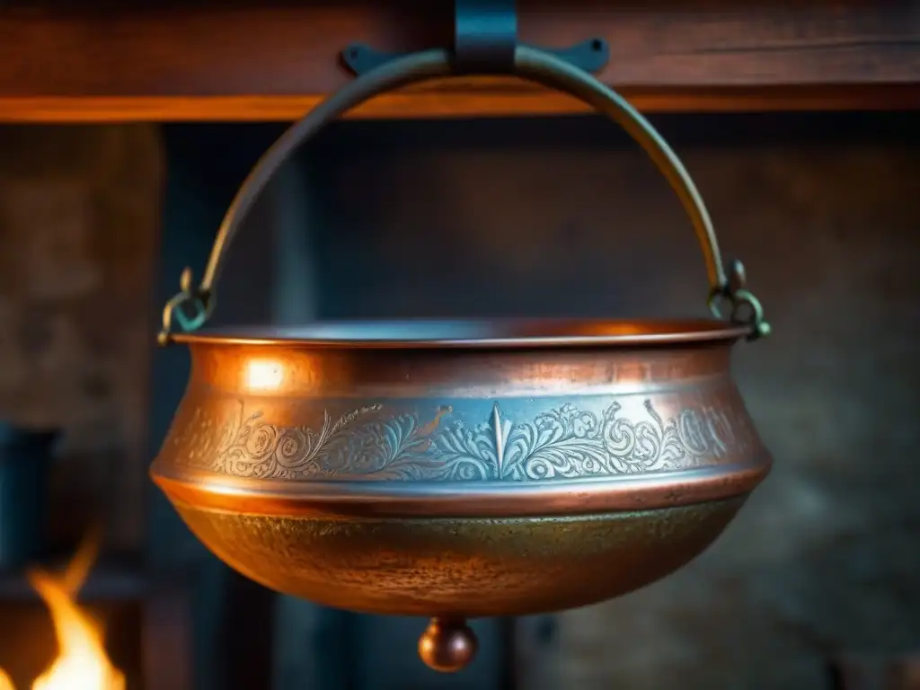 Un caldero de cobre histórico y detallado en cocina antigua iluminada débilmente