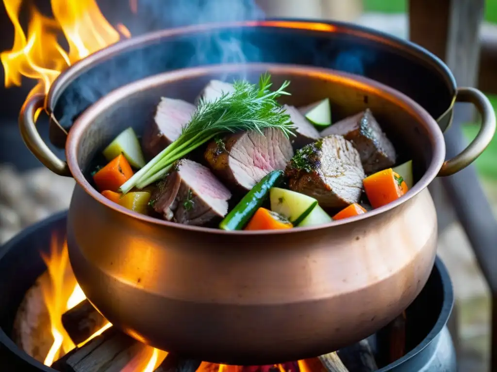 Un caldero de cobre medieval con cordero, verduras y hierbas, cocinando sobre fuego