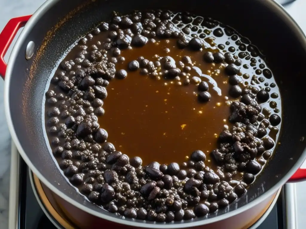 Un caldero de cobre reluciente rebosante de mole burbujeante, adornado con chiles, carne tierna y semillas de sésamo en un moderno fogón de inducción