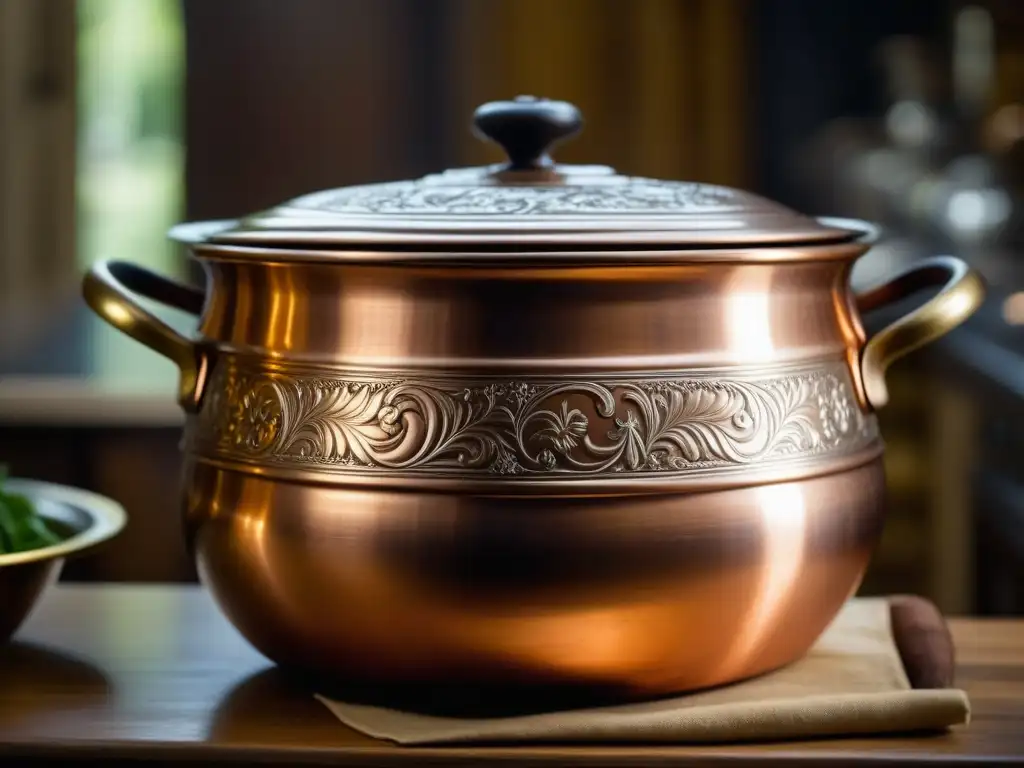 Un caldero de cobre del siglo XVIII con grabados y chefs en una cocina francesa histórica