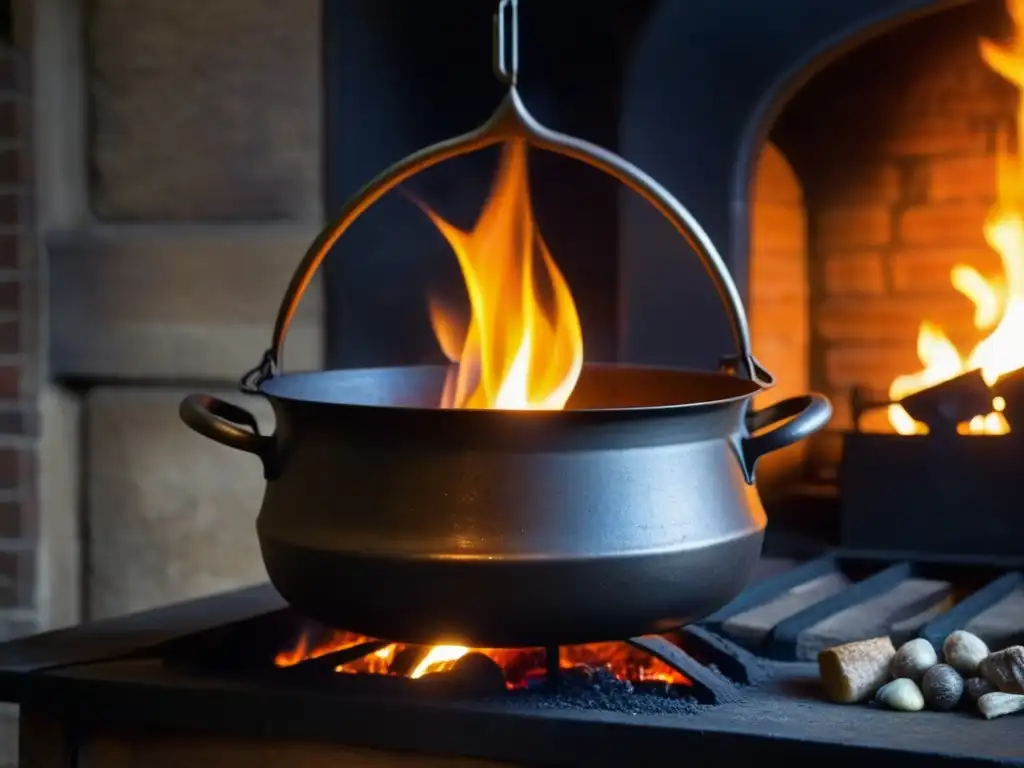 Un caldero de hierro burbujeante sobre fuego, simbolizando la transformación en la cocina británica durante la Revolución Industrial