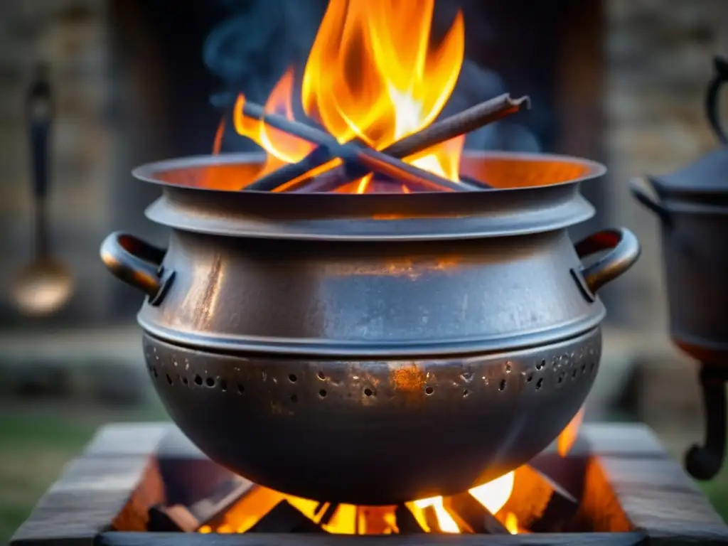 Un caldero de hierro medieval sobre fuego con utensilios de cocina en una cocina histórica