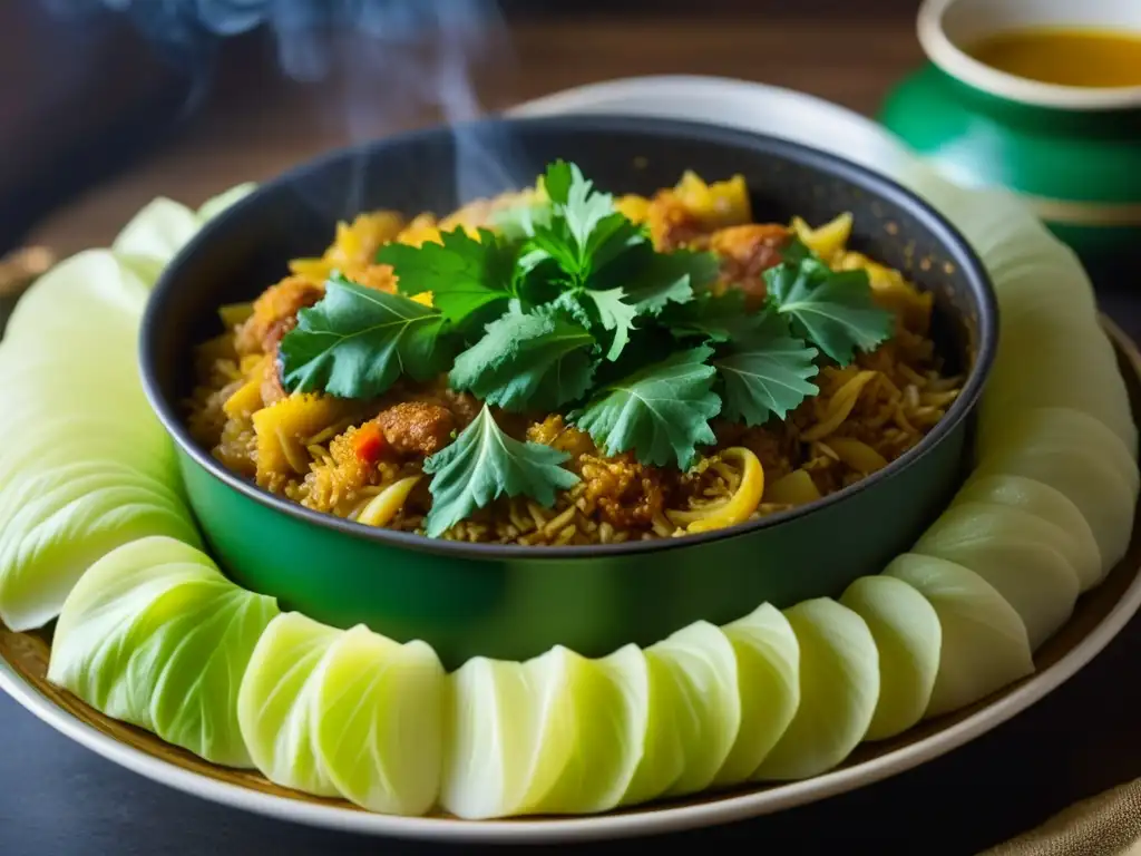 Un caldero humeante con sarmale rumanos, legado otomano de col rellenos de arroz y carne, destaca colores y texturas