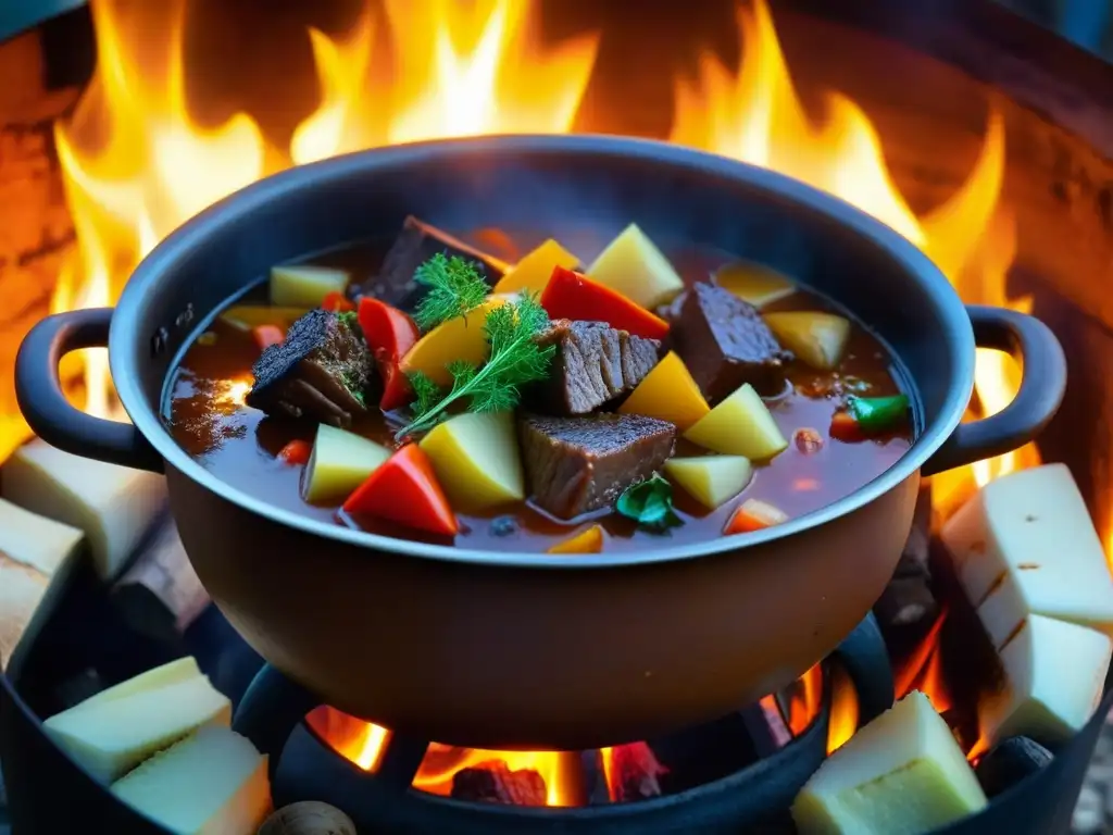 Un caldero húngaro tradicional rebosante de Fiaker Goulash, reflejando la historia y el origen del plato