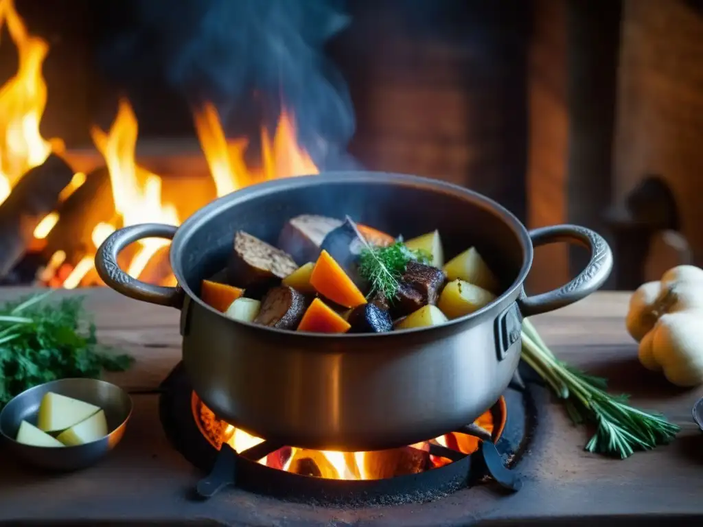 Un caldero medieval repleto de guiso burbujeante sobre fuego abierto, rodeado de ingredientes y vapor, evoca recetas históricas Edad Media