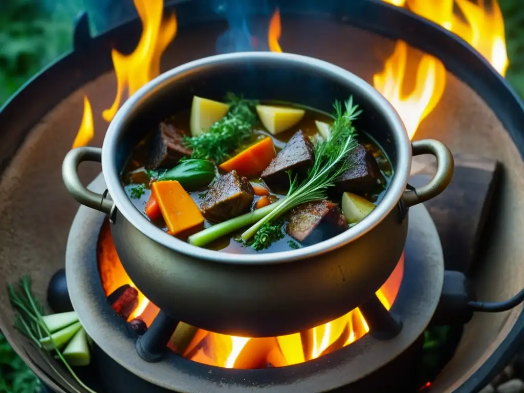 Caldero medieval: estofado de vegetales, carnes y hierbas aromáticas Un caldero medieval repleto de un sabroso guiso, evocando recetas históricas de sopas y estofados medievales