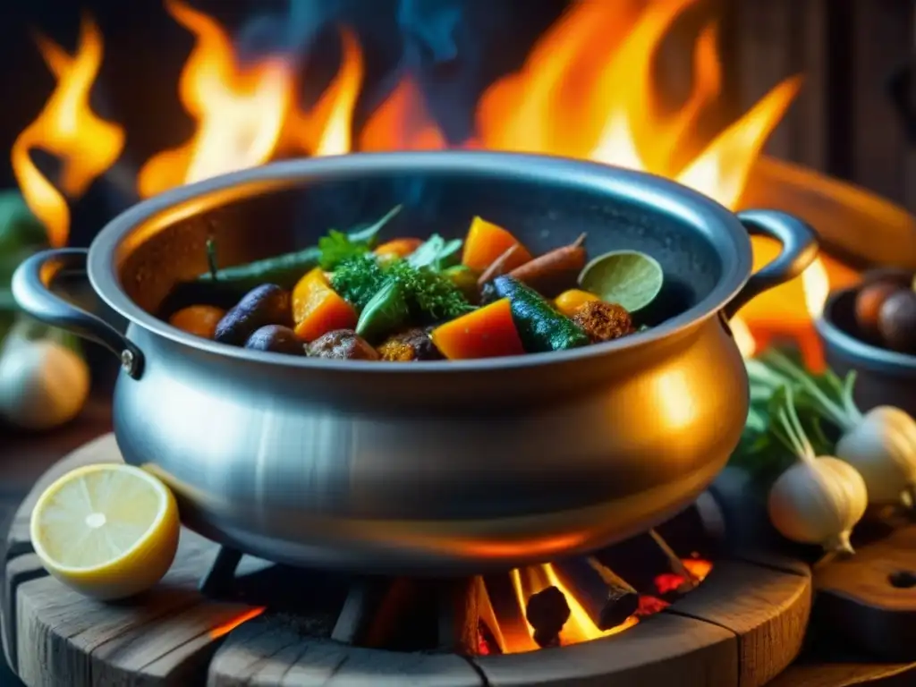 Un caldero saheliano tradicional sobre fuego, con llamas naranjas y estofado burbujeante de vegetales y especias locales