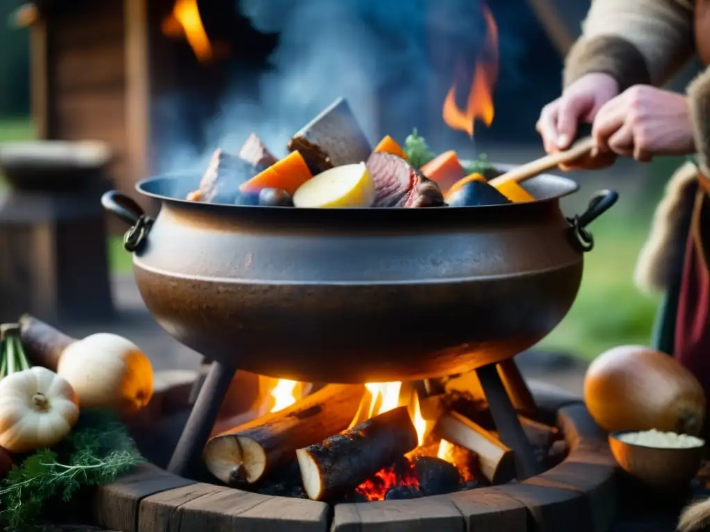 Un caldero vikingo bullicioso sobre la llama, con una rica y aromática receta de ingredientes históricos