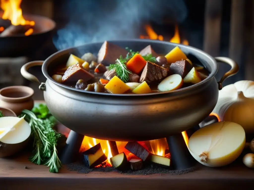 Un caldero vikingo burbujeante sobre el fuego, con ingredientes y un ambiente acogedor