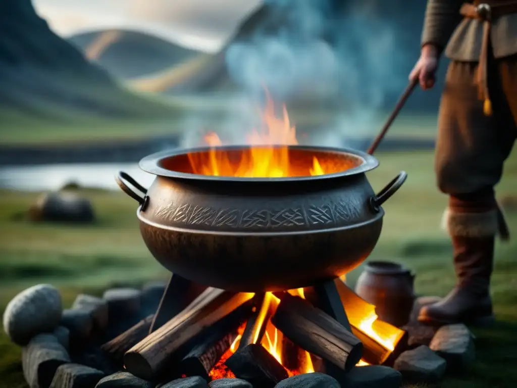 Un caldero vikingo sobre fuego, con estofado burbujeante y vapor, muestra técnicas culinarias vikingas históricas en detalle