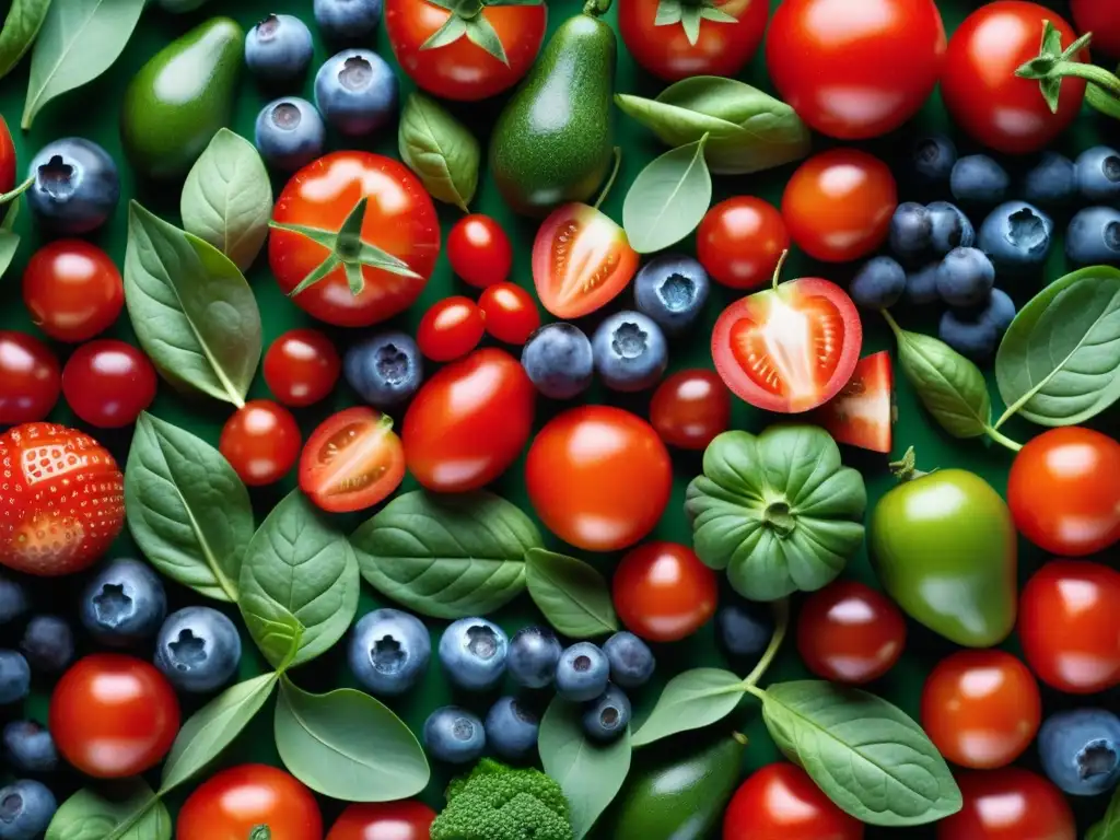 Un caleidoscopio de frutas y verduras ricas en antioxidantes como arándanos, fresas, espinacas y tomates, en un patrón visualmente impresionante