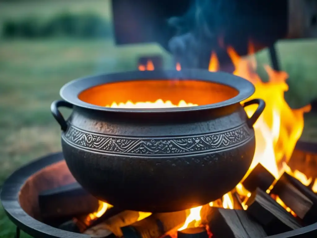 Un cálido cazo medieval de hierro, con estofado burbujeante sobre fuego abierto