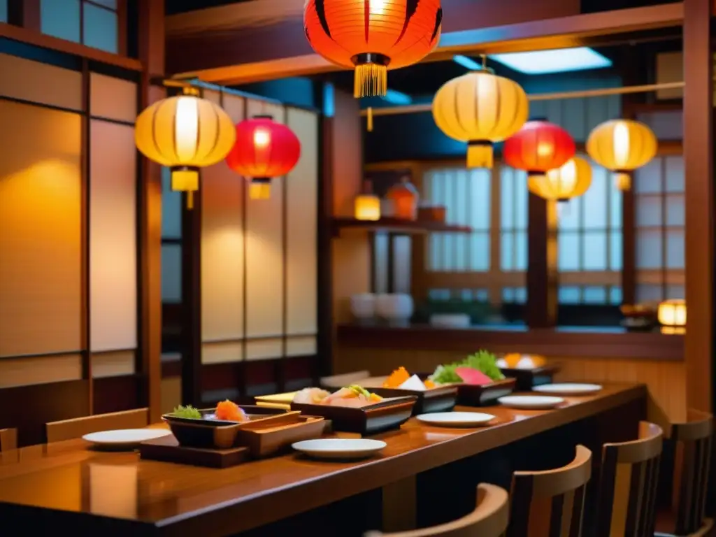 Un cálido izakaya japonés con detalles de madera, platos coloridos y comensales animados