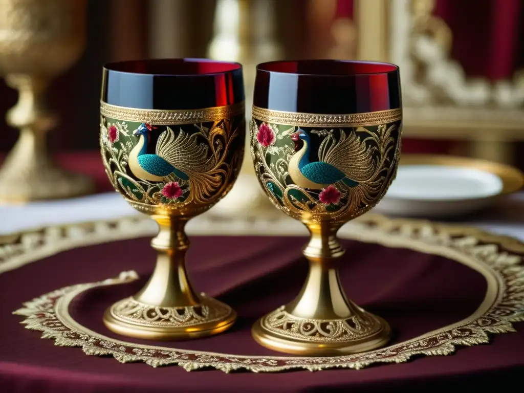 Un cáliz dorado rebosante de vino tinto sobre un mantel real bordado con motivos de pavos reales y flores
