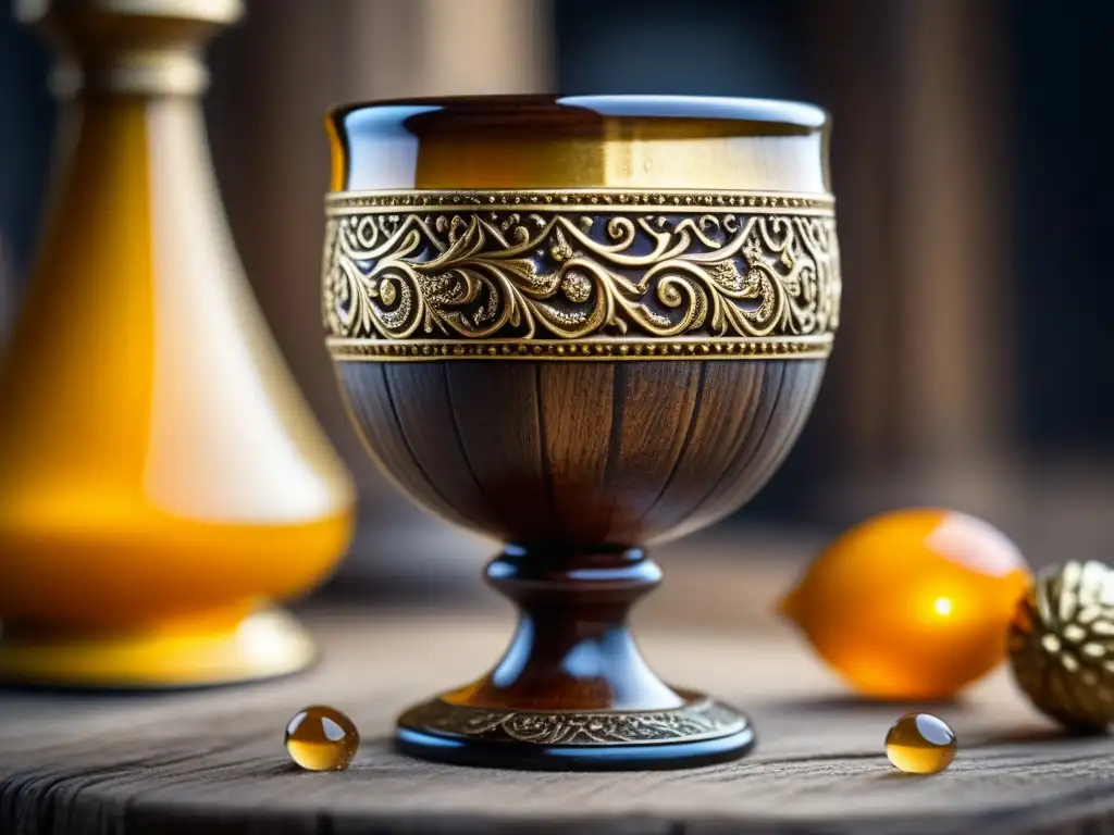 Caliz medieval rebosante de hidromiel dorado artesanal Un cáliz de madera antiguo rebosante de hidromiel dorado y espumoso