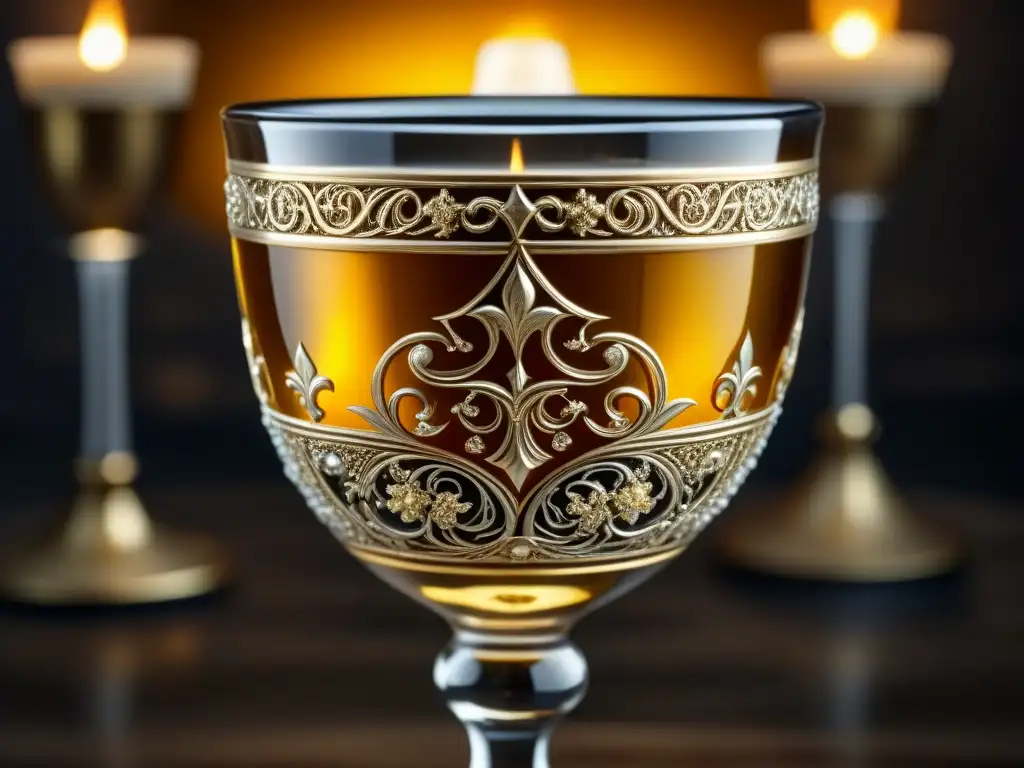 Exquisito cáliz medieval rebosante de hidromiel dorado: detalle fascinante Un cáliz medieval rebosante de hidromiel dorado, con grabados detallados a la luz de las velas