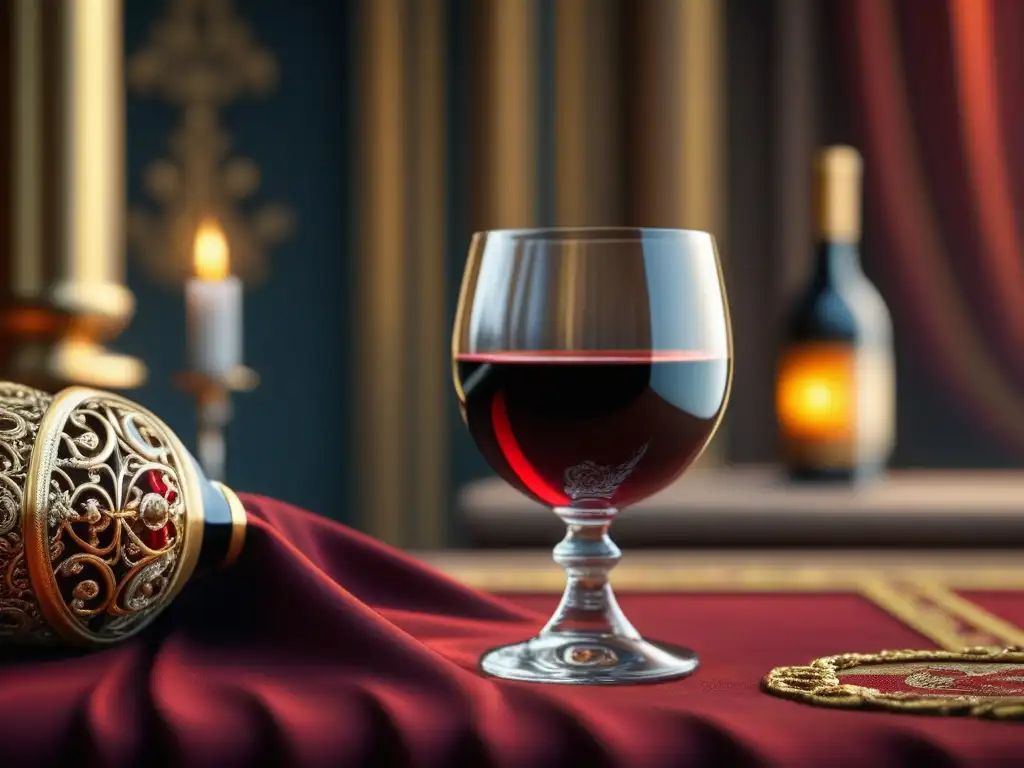 Un caliz medieval rebosante de vino rojo frente a tapiz de banquete