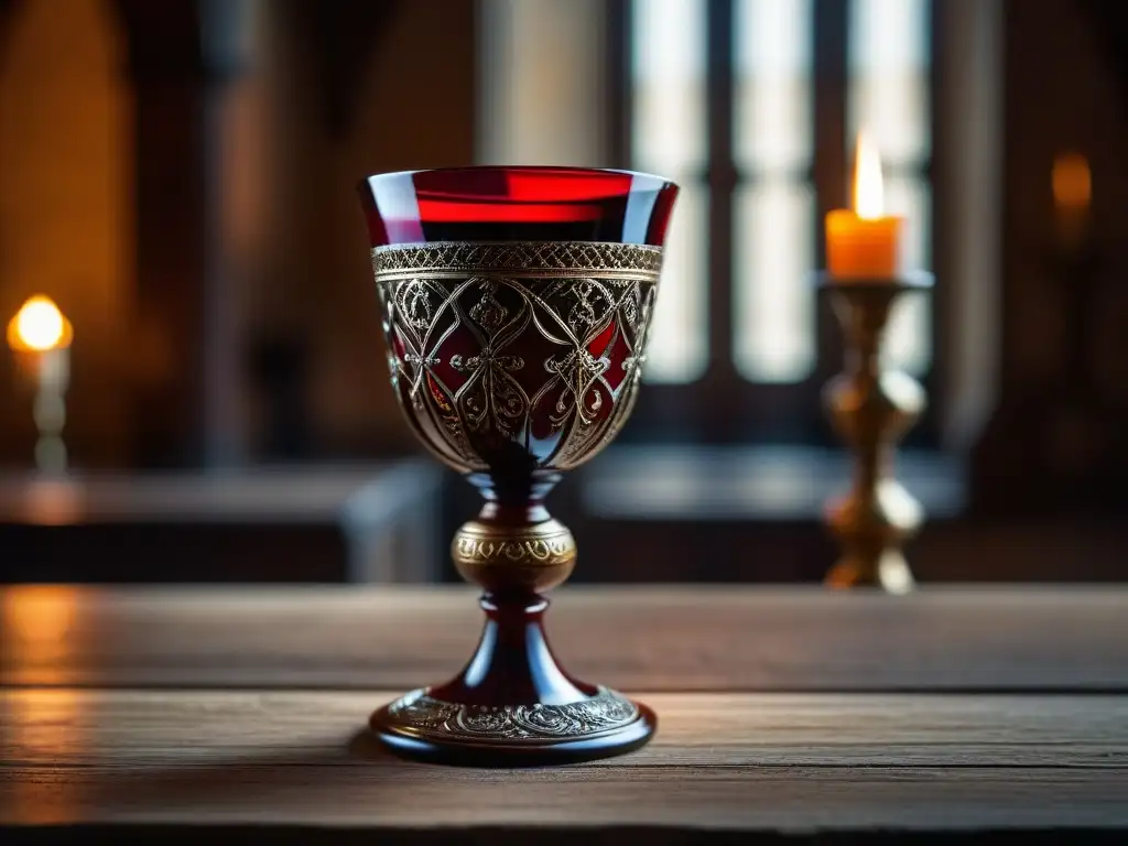 Un cáliz medieval rebosante de vino tinto en una cámara de castillo iluminada por velas