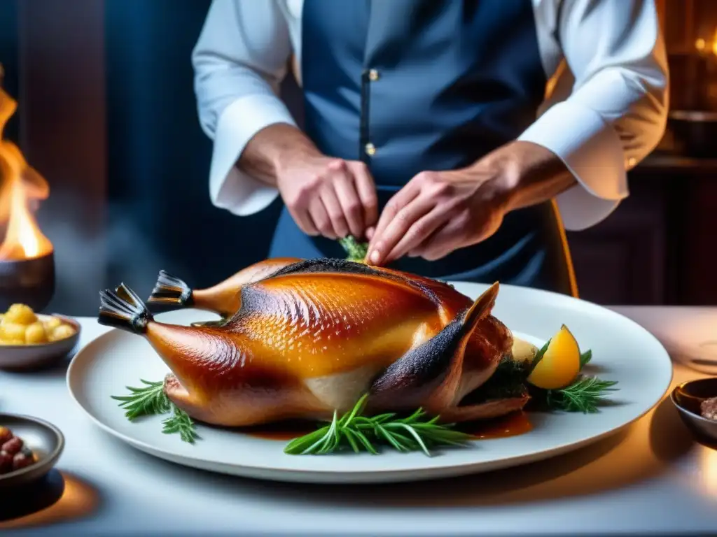 Un camarero francés experto deshuesando un pato asado con precisión, destacando las técnicas tradicionales y la maestría culinaria