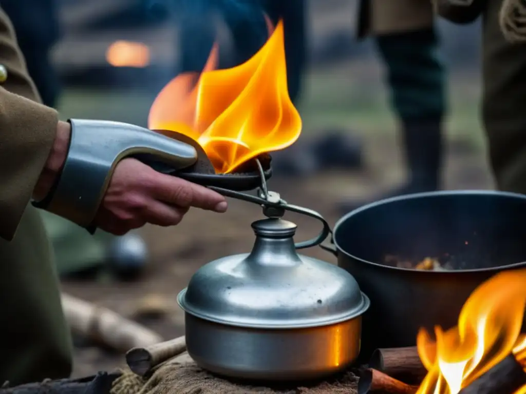 En un campamento de la Revolución Americana, soldado sostiene cantimplora junto a fogata y soldados ocupados