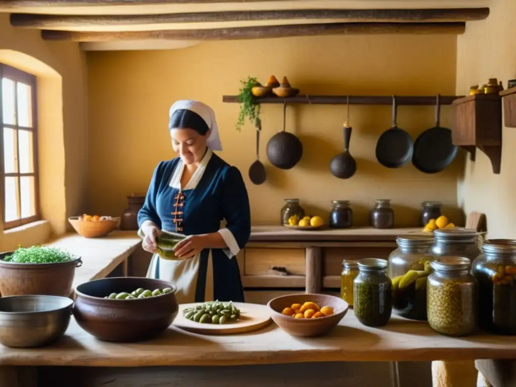 Una campesina bizantina preparando alimentos para conservar, mostrando técnicas ancestrales