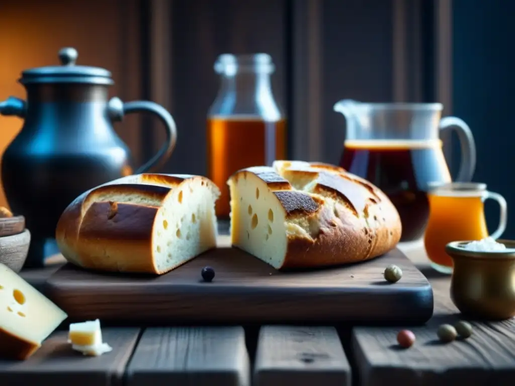 Alimentación del campesinado en la Edad Media: mesa rústica con pan, queso, estofado y cerveza, evocando una abundancia humilde