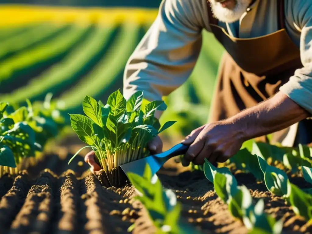 Un campesino medieval atiende con cuidado cultivos orgánicos en un campo soleado