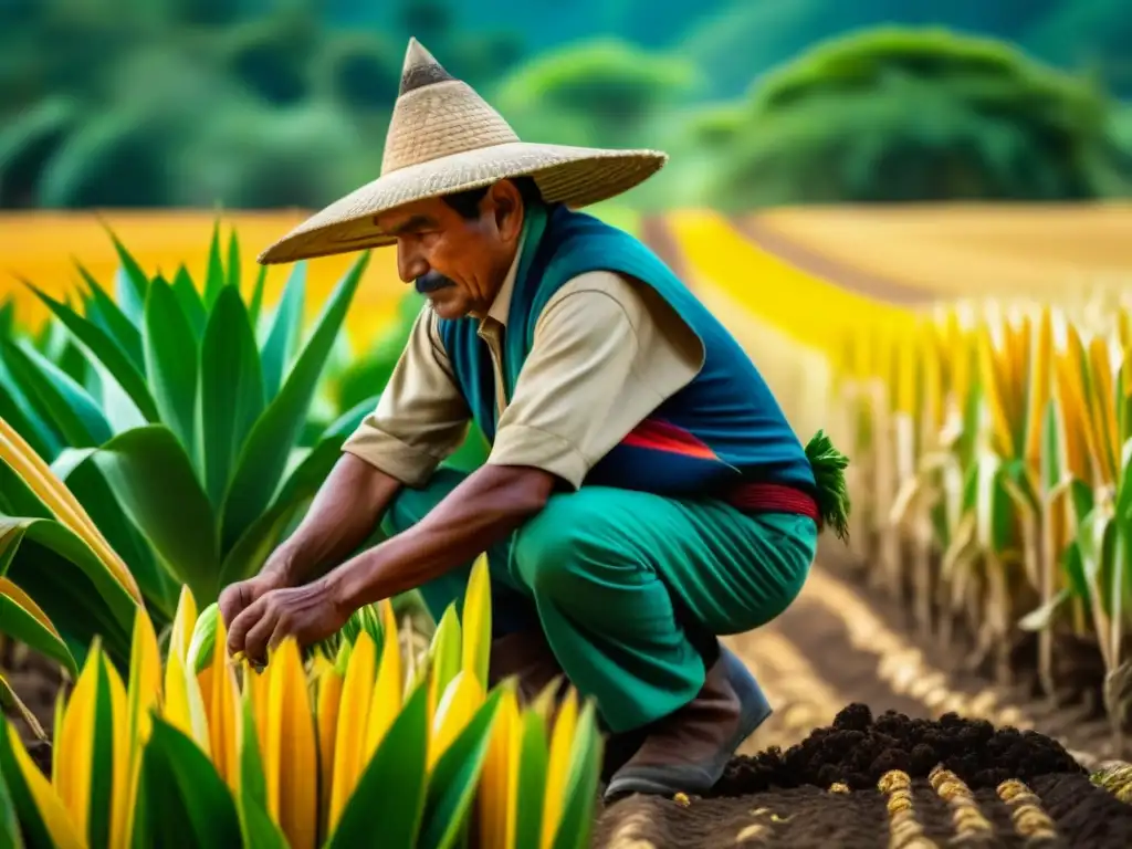 Un campesino mesoamericano cultiva maíz en un campo tradicional, destacando detalles intrincados y colores vibrantes de las plantas