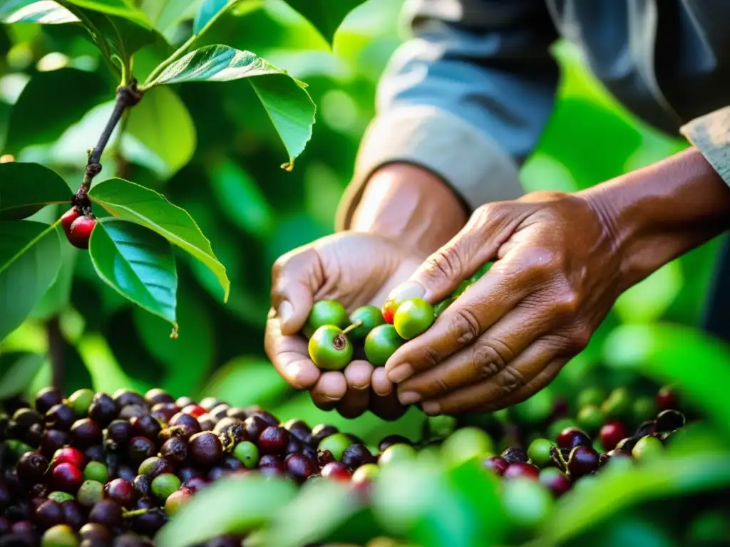 Un campesino vietnamita recoge cerezas de café, mostrando la historia del café vietnamita