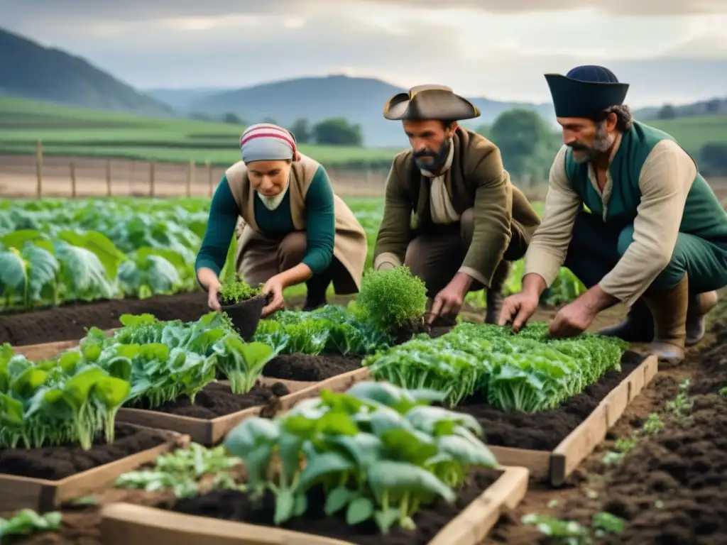 Campesinos trabajan juntos en su huerto durante las Guerras Napoleónicas, mostrando autonomía alimentaria y esperanza