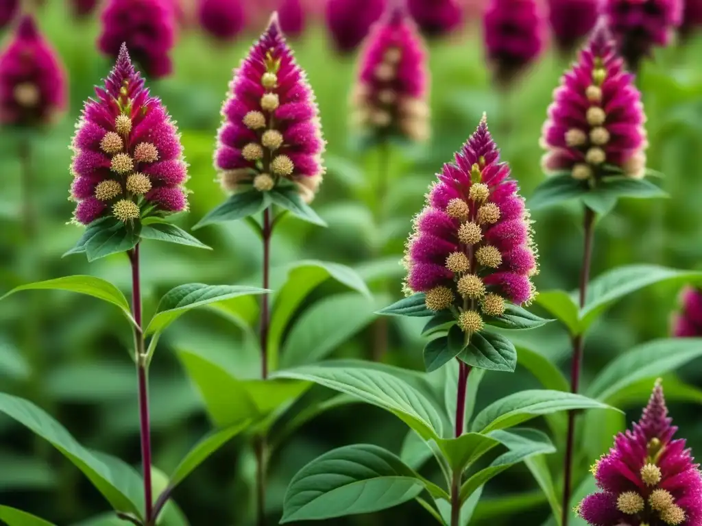 Un campo de amaranto en floración, detallado en 8k, resaltando las semillas coloridas y nutritivas de este superalimento de las Américas precolombinas