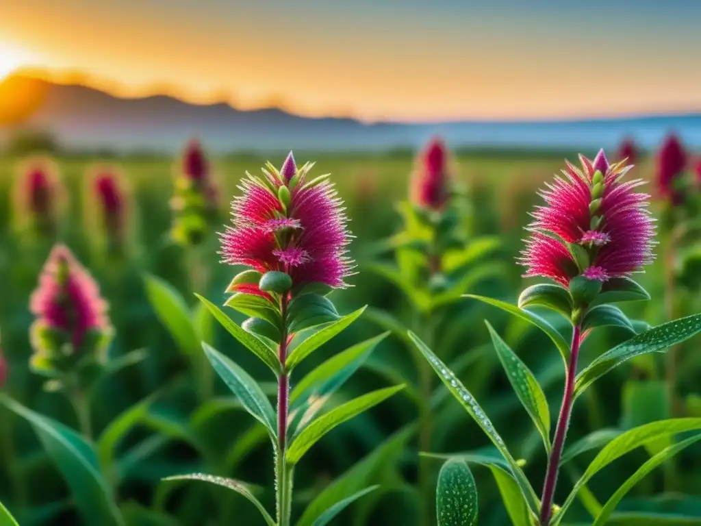 Campo de amaranto al amanecer: semillas vibrantes y cultura ancestral Campo de amaranto vibrante al amanecer, con semillas y rocío, simbolizando su valor ancestral y nutricional