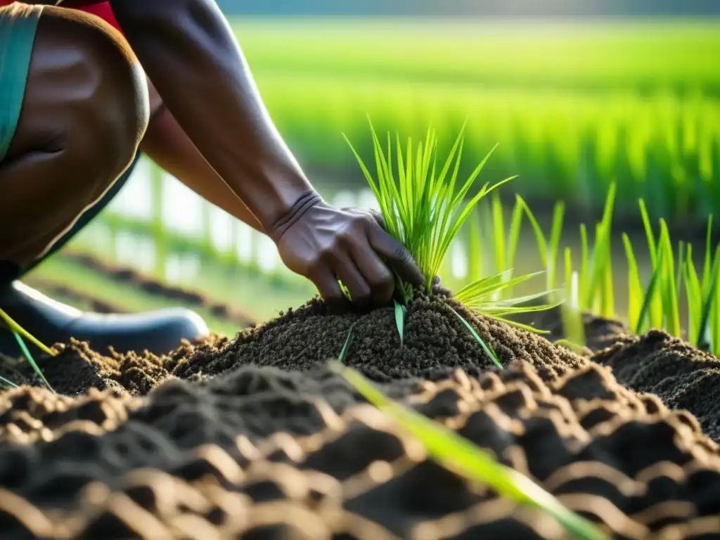 Un campo de arroz en Asia: manos plantando con cuidado plántulas en un campo verde, resaltando la historia del arroz en Asia