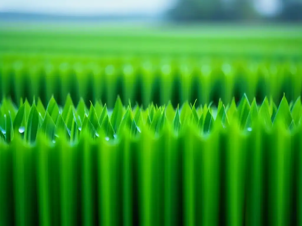 Un campo de arroz verde exuberante al amanecer, con plantas brillantes de rocío