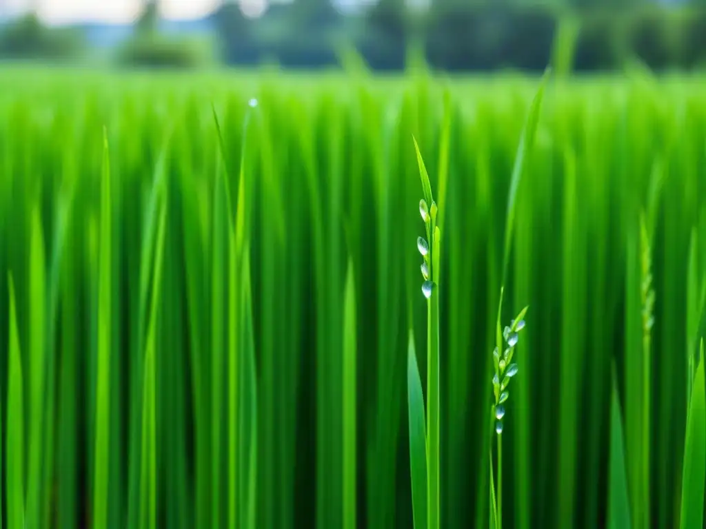 Un campo de arroz verde vibrante en América, con detalles detallados del cultivo de arroz en la región