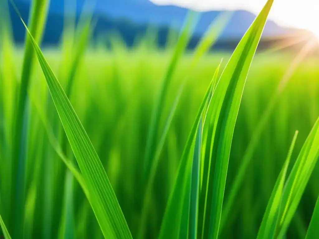 Un campo de arroz verde vibrante en América, bajo el sol brillante, detalla la belleza del cultivo de arroz en América