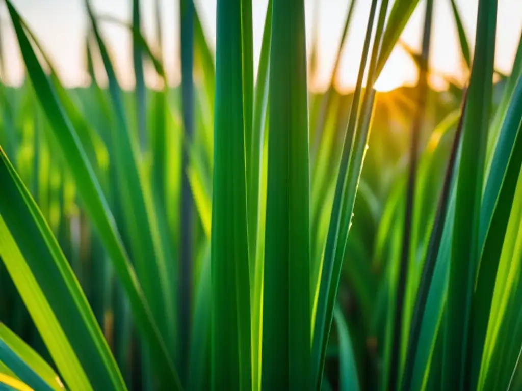 Un campo de caña de azúcar al atardecer en el Caribe, con detalles intrincados y luz cálida