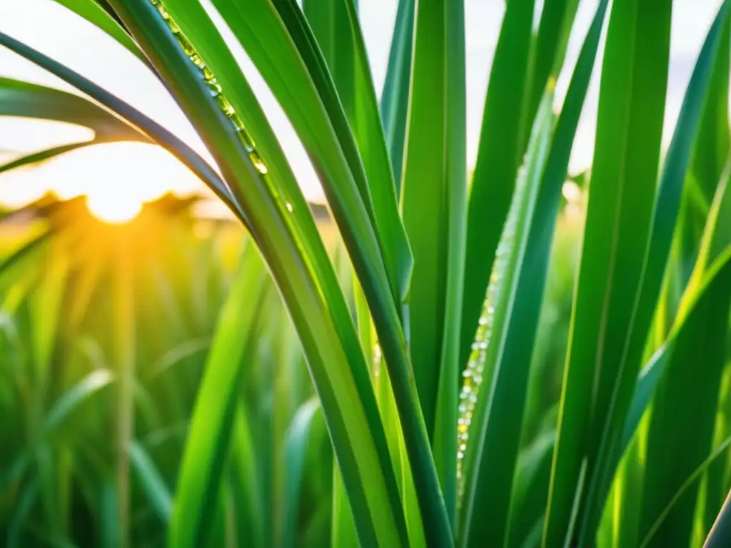 Un campo de caña de azúcar al atardecer en el Caribe, con hojas verdes y el sol dorado, mostrando la historia de la caña de azúcar en la región