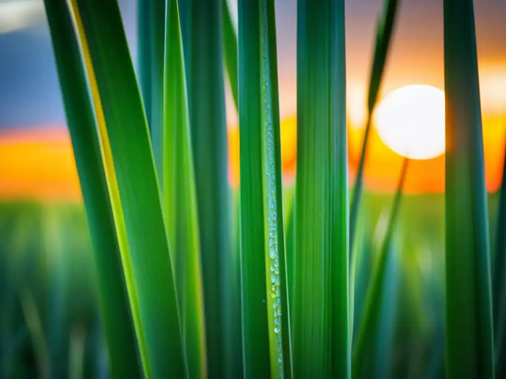 Un campo de caña de azúcar al atardecer, con tonos naranjas y dorados