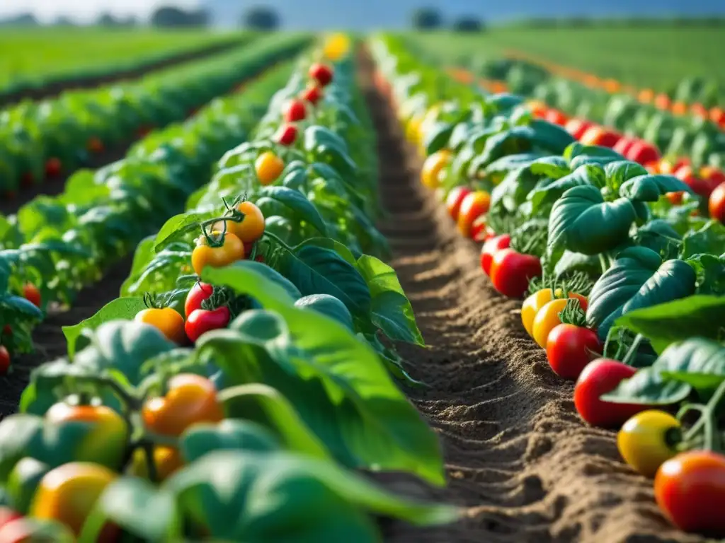 Un campo de cultivo orgánico bañado por el sol, con tomates rojos y verduras vibrantes