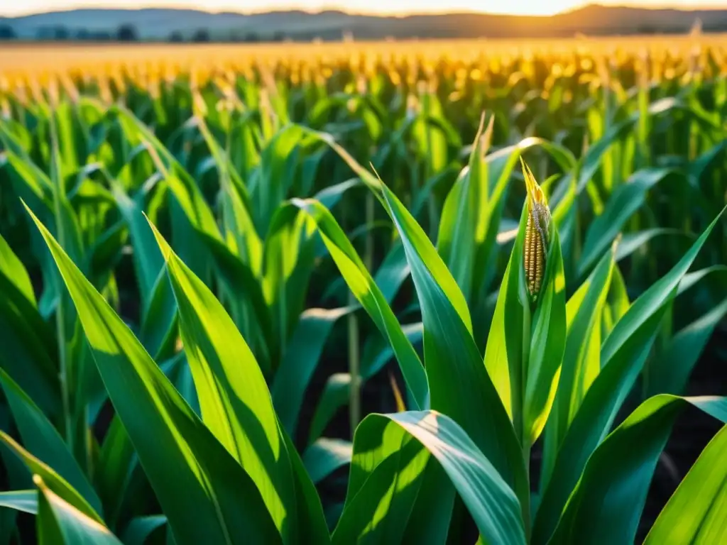 Un campo de maíz dorado al atardecer en Latinoamérica, con un aura cálida y detallada
