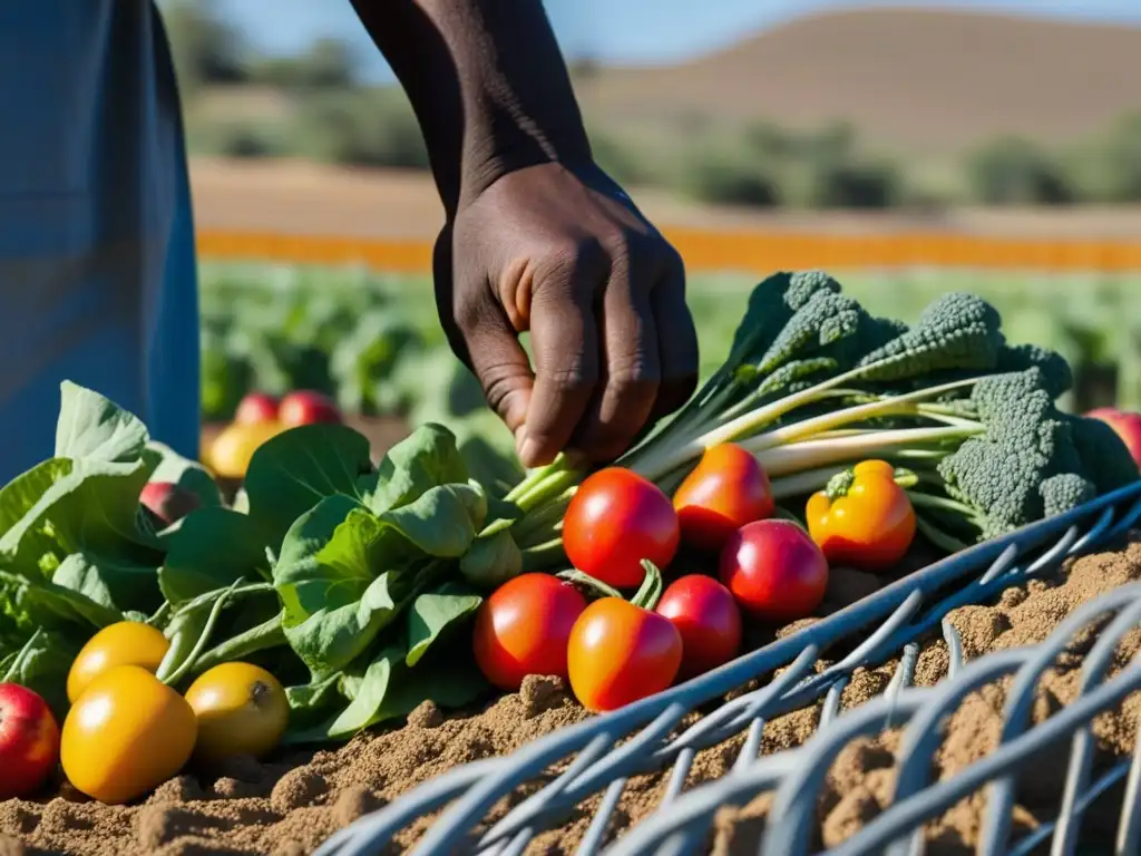 Un campo iluminado por el sol donde se recolectan frutas y verduras frescas, mostrando las prácticas agrícolas durante el Apartheid